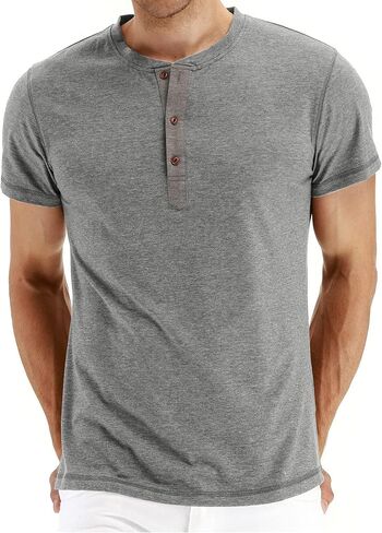 PEGENO Men's Fashion Casual Front Placket Short Sleeve Henley T-Shirts Cotton Shirts in Kuwait