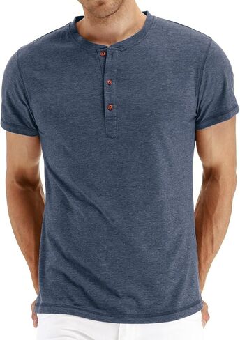 PEGENO Men's Fashion Casual Front Placket Short Sleeve Henley T-Shirts Cotton Shirts in Kuwait