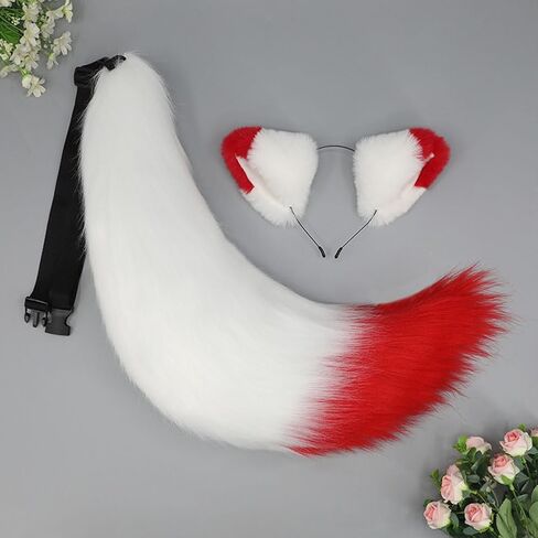 Faux Fur Fox Ears and Tail Set Furry Wolf Ears Headband Animal Big Tail Halloween Party Cosplay Costume Accessories in Saudi Arabia