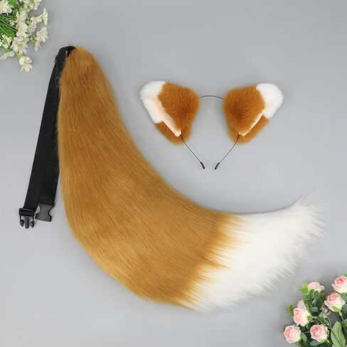 Faux Fur Fox Ears and Tail Set Furry Wolf Ears Headband Animal Big Tail Halloween Party Cosplay Costume Accessories in Saudi Arabia