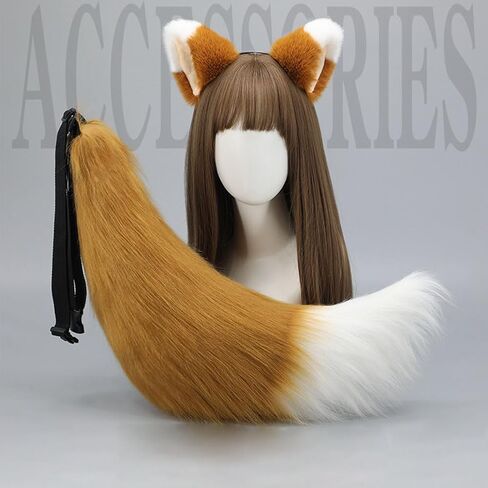 Faux Fur Fox Ears and Tail Set Furry Wolf Ears Headband Animal Big Tail Halloween Party Cosplay Costume Accessories in Saudi Arabia