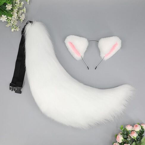 Faux Fur Fox Ears and Tail Set Furry Wolf Ears Headband Animal Big Tail Halloween Party Cosplay Costume Accessories in Saudi Arabia