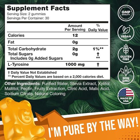 Joyli L Tyrosine Gummies 1000MG - L-Tyrosine Supplement for Kids & Adults - Calm & Focus Gummies for Brain, Memory, Mood, and Energy - 500mg L- Tyrosine Powder per Gummy - Vegan, Gluten-Free in Saudi Arabia