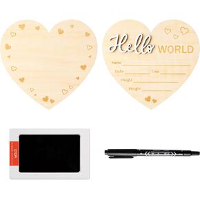 R HORSE Baby Birth Announcement Sign - Heart Shape Wooden Baby Birth Sign with Marker Pen for Baby Hand and Footprints, Double-Sided Newborn Name Announcement Sign with Ink Pad for Unisex Baby Shower