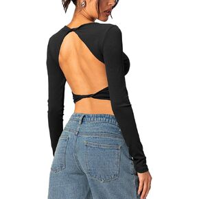 Women Open Back Top Going Out Tops Long Sleeve Ribbed Backless Top Shirt