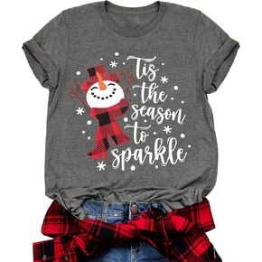 Christmas Snowman Graphic Shirt Women Buffalo Plaid Xmas T-Shirts Tis The Season to Sparkle Holiday Tee Tops