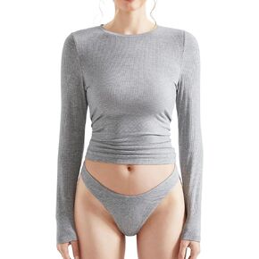 OMKAGI Women Long Sleeve Shirts Cotton Ribbed Fitted Basic Tops Crewneck Y2K Top