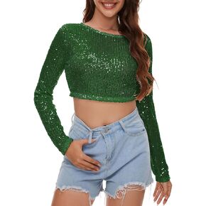 Sequin Crop Top Long Sleeve Sequin Top Sparkle Crop Top for Disco Rave Concert Party
