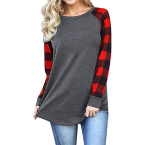Smile Fish Womens Crewneck Raglan Long Sleeve Shirts Buffalo Plaid Relaxed Fit Christmas Top Tees