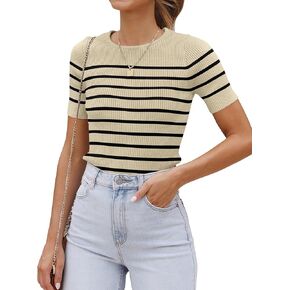 ZESICA Women's Short Sleeve Crewneck Striped T Shirt Summer Ribbed Knit Slim Fit Casual Basic Tee Tops