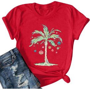 Christmas Shirts Women Palm Tree T-Shirt Summer Beach Party Shirt Funny Hawaii Vacation Short Sleeve Tops