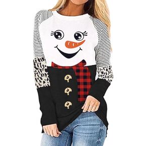 BANGELY Snowman Christmas Shirts Plaid Hat Graphics Long Sleeve Top Leopard Print Sleeve Pullover Raglan Baseball Tees