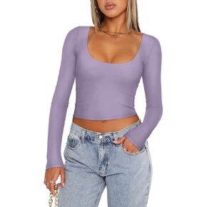 REORIA Women's 2024 Fall Basic Crop Tops Fitted Long Sleeve Scoop Neck Double Lined Shirts Fashion Layering Slim Top