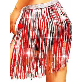 Aukmla Women Christmas Sequin Fringe Skirt Balls Tassel Hip Scarfs Dance Costume Xmas Santa New Year Skirts Wrap
