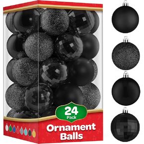 Christmas Ornaments Set of 24 - Beautiful [Black] Christmas Tree Decorations Ornaments Set - 4 Styles Glitter/Matte/Mirror/Shiny - Shatterproof/Pre-Strung - for Holiday/Party/Decorations/DIY (1.5")