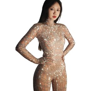 Sexy Glitter Rhinestones Nude Gloves Jumpsuit Stretch Dance Bodysuit Singer Stage Birthday Drag Queen Costume Wear in Kuwait