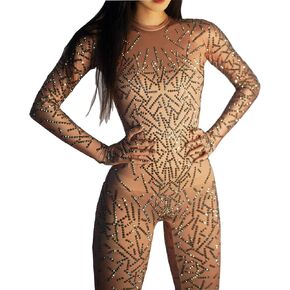Sexy Glitter Rhinestones Nude Gloves Jumpsuit Stretch Dance Bodysuit Singer Stage Birthday Drag Queen Costume Wear