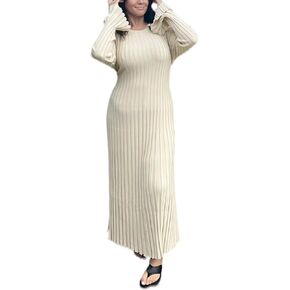 Women Bell Long Sleeve Knit Maxi Dress Crewneck Ribbed Bodycon Long Dress Slim Fit Y2K Sweater Dress Streetwear