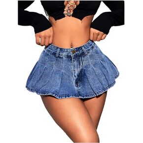 OYOANGLE Women's Pleated Mini Denim Skirt Y2K Drop Waist Flared A Line Jean Skirt