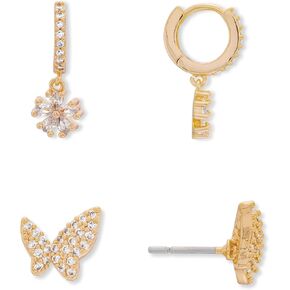 Rocksbox Butterfly & Flower Huggie & Stud Set - Mix & Match Gold Earrings - 14k Gold Plating with Crystals - Premium Quality Jewelry - 20mm & 6mm