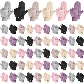 Zhehao 50 Pairs Winter Insulation Fingerless Texting Wool Gloves Bulk Warm Knitted Convertible Mittens Flap Gloves Winter for Women Men Driving Hiking