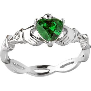 Biddy Murphy, Women's Irish Claddagh Ring 925 Sterling Silver Woven Band, Emerald Green CZ Heart, Made in Ireland