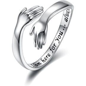 Sterling Silver Hug Ring for Women: Hugging Hands Adjustable Ring Support Jewelry Gifts