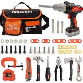 Breibowski Tool Set with Toolbox & Electronic Toy Drill -43 PCS Pretend Play Set for Children's Construction Tools, Gift for Children Aged 3+