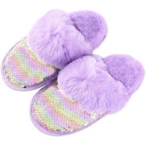 Girls Slippers Sequin House Slippers, Cute Kids Faux Fur Fluffy Fuzzy Slippers Indoor Outdoor Memory Foam House Shoes for Little Girls