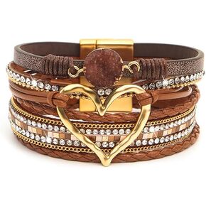 Boho Leather Wrap Bracelets Heart Summer Bracelets Fashion Crystal Layered Bracelet with Stackable Clasp for Women