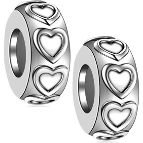 GW 2PCS Charm Stopper Sterling Silver 925 with Silicone Bead Charms Spacers for Bracelets Jewelry for Women (Silver-Heart)