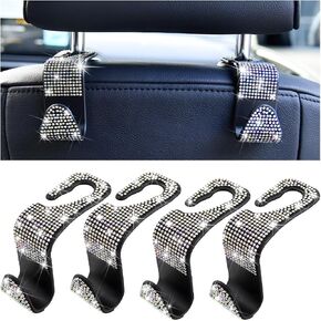 Mandark 4PCS Bling Car Seat Headrest Hooks, Crystal Rhinestone Vehicle Seat Back Hanger for Grocery Purses Handbags, Diamond Auto Seatback Storage Organizer Hanger, Universal for Most Cars (Pink)