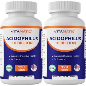 Vitamatic 2 Packs Acidophilus Probiotic - 10 Billion CFU - 120 Tablets - 5X Potency - Daily Probiotic Supplement, Supports Digestive Health (Total 240 Tablets)