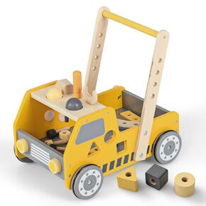 BABY JOY 6 in 1 Wooden Baby Walker, Toddler Pretend Play Kitchen Playset, Push and Pull Sit-to-Stand Learning Walker Activity Center, Montessori Educational Toy, Push Walker for Boys Girls