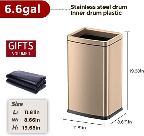 25L/6GALSquare Kitchen Trash can,Large Metal Garbage can,Champagne Gold Trash can,Gold Trash can for Bathroom,Tall Stainless Steel dusbin for Commercial,Detached House in Saudi Arabia