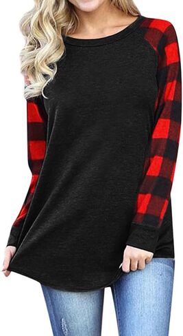 Smile Fish Womens Crewneck Raglan Long Sleeve Shirts Buffalo Plaid Relaxed Fit Christmas Top Tees in Saudi Arabia