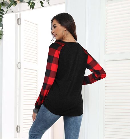 Smile Fish Womens Crewneck Raglan Long Sleeve Shirts Buffalo Plaid Relaxed Fit Christmas Top Tees in Saudi Arabia