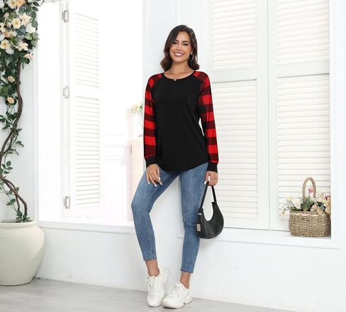 Smile Fish Womens Crewneck Raglan Long Sleeve Shirts Buffalo Plaid Relaxed Fit Christmas Top Tees in Saudi Arabia