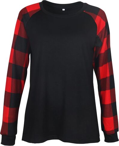 Smile Fish Womens Crewneck Raglan Long Sleeve Shirts Buffalo Plaid Relaxed Fit Christmas Top Tees in Saudi Arabia