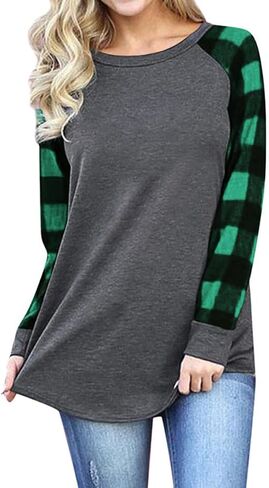 Smile Fish Womens Crewneck Raglan Long Sleeve Shirts Buffalo Plaid Relaxed Fit Christmas Top Tees in Saudi Arabia
