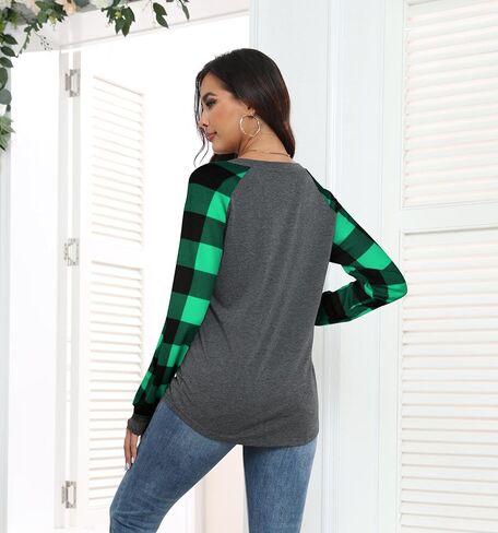 Smile Fish Womens Crewneck Raglan Long Sleeve Shirts Buffalo Plaid Relaxed Fit Christmas Top Tees in Saudi Arabia