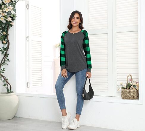 Smile Fish Womens Crewneck Raglan Long Sleeve Shirts Buffalo Plaid Relaxed Fit Christmas Top Tees in Saudi Arabia