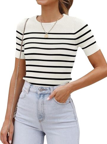ZESICA المرأة قصيرة الأكمام Crewneck مخطط تي شيرت الصيف مضلع متماسكة سليم صالح عادية الأساسية المحملة القمم in Kuwait