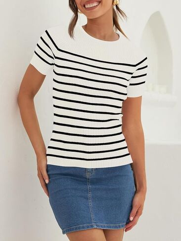 ZESICA المرأة قصيرة الأكمام Crewneck مخطط تي شيرت الصيف مضلع متماسكة سليم صالح عادية الأساسية المحملة القمم in Kuwait