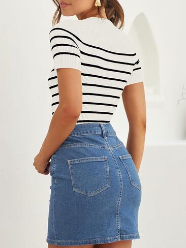 ZESICA المرأة قصيرة الأكمام Crewneck مخطط تي شيرت الصيف مضلع متماسكة سليم صالح عادية الأساسية المحملة القمم in Kuwait