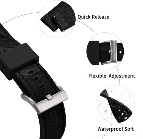 Premium Waterproof Soft Hybrid (FKM/FPM Rubber and Leather) Watch Bands,20 mm 22 mm Quick Release Watch Straps, Silver/Black Brushed Buckle Replacement Strap for Men in Kuwait