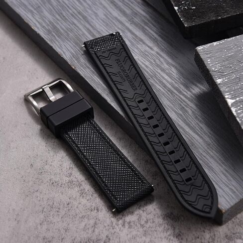 Premium Waterproof Soft Hybrid (FKM/FPM Rubber and Leather) Watch Bands,20 mm 22 mm Quick Release Watch Straps, Silver/Black Brushed Buckle Replacement Strap for Men in Kuwait