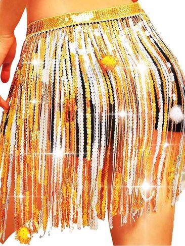 Aukmla Women Christmas Sequin Fringe Skirt Balls Tassel Hip Scarfs Dance Costume Xmas Santa New Year Skirts Wrap in Kuwait