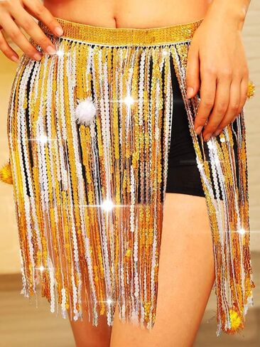 Aukmla Women Christmas Sequin Fringe Skirt Balls Tassel Hip Scarfs Dance Costume Xmas Santa New Year Skirts Wrap in Kuwait