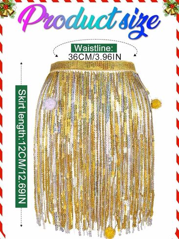 Aukmla Women Christmas Sequin Fringe Skirt Balls Tassel Hip Scarfs Dance Costume Xmas Santa New Year Skirts Wrap in Kuwait